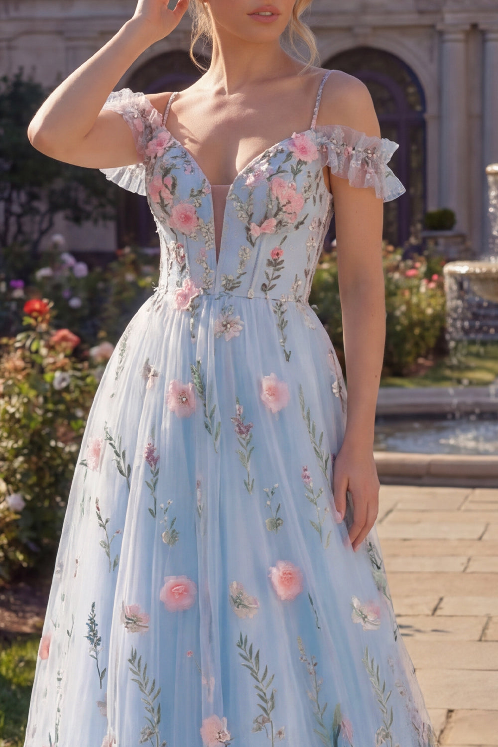 Cold Shoulder A Line Floral Blue Long Corset Prom Dress