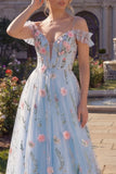 Cold Shoulder A Line Floral Blue Long Corset Prom Dress