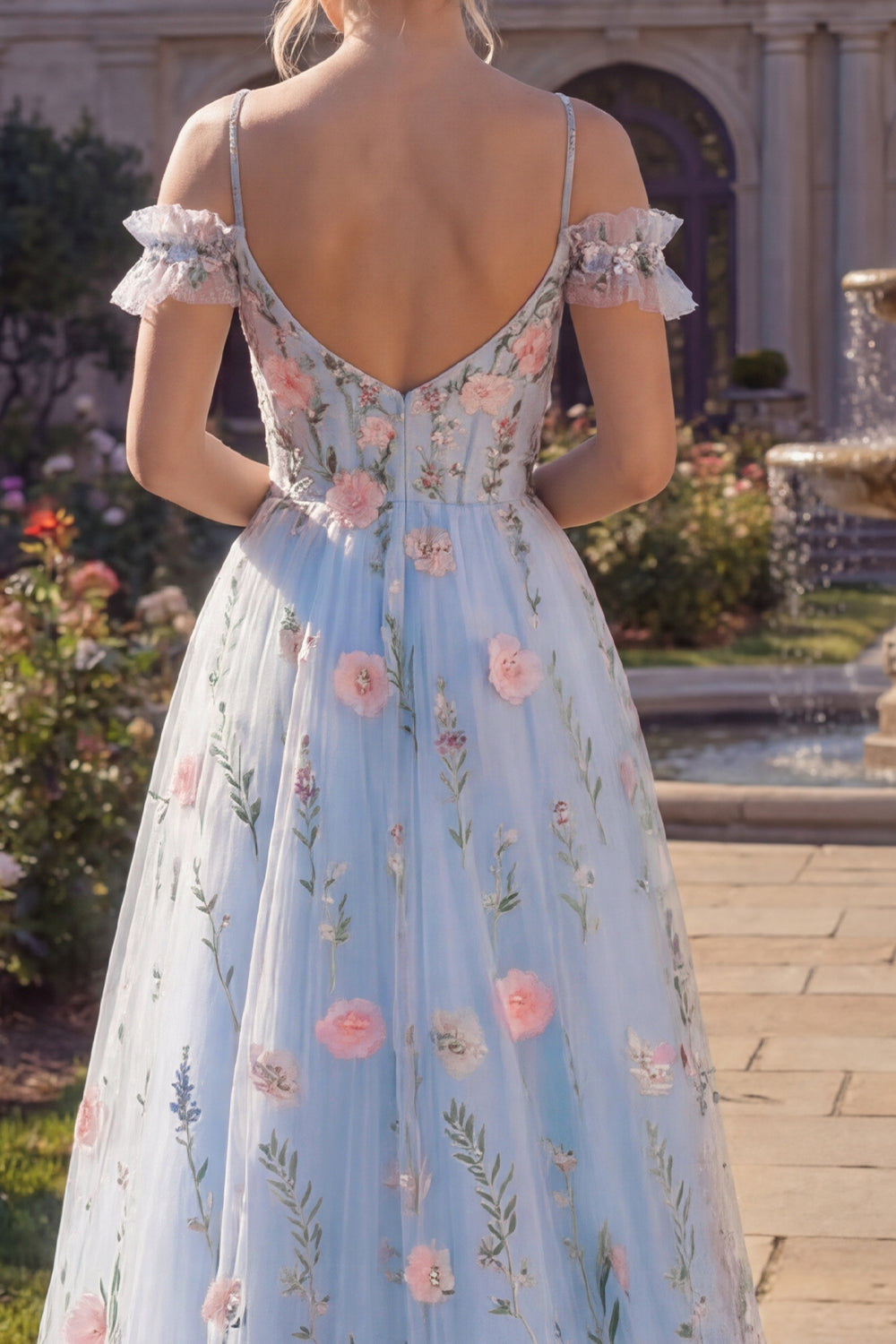 Cold Shoulder A Line Floral Blue Long Corset Prom Dress