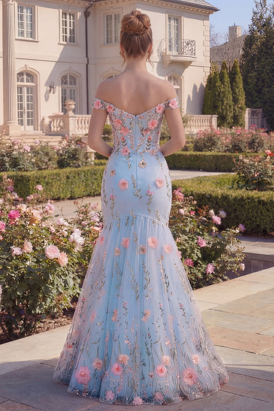 Long Off the Shoulder Mermaid Floral Blue Corset Prom Dress