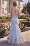 Long Off the Shoulder Mermaid Floral Blue Corset Prom Dress