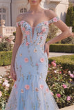 Long Off the Shoulder Mermaid Floral Blue Corset Prom Dress