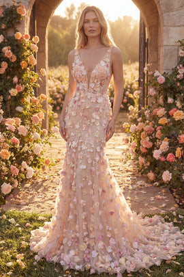 Champagne V-Neck Long Mermaid Floral Prom Dress