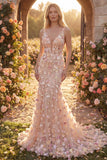 Champagne V-Neck Long Mermaid Floral Prom Dress