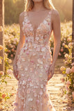 Champagne V-Neck Long Mermaid Floral Prom Dress