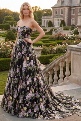 Black Pink Flower Ball Gown Srtapless Long Prom Dress