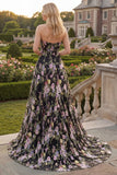 Black Pink Flower Ball Gown Srtapless Long Prom Dress