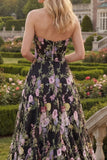 Black Pink Flower Ball Gown Srtapless Long Prom Dress