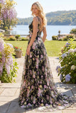 A Line Black Pink Flower V-Neck Long Prom Dress