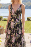 A Line Black Pink Flower V-Neck Long Prom Dress