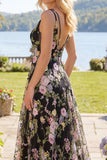 A Line Black Pink Flower V-Neck Long Prom Dress
