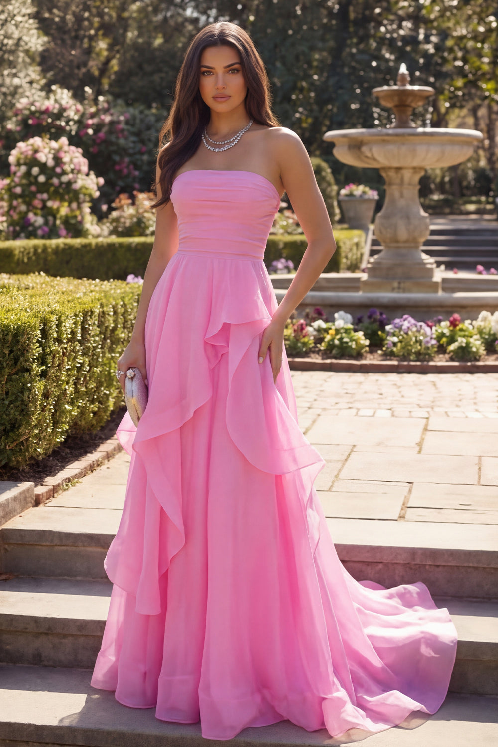 A Line Hot Pink Long Ruched Strapless Prom Dress with Ruffles