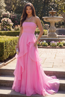 A Line Hot Pink Long Ruched Strapless Prom Dress with Ruffles