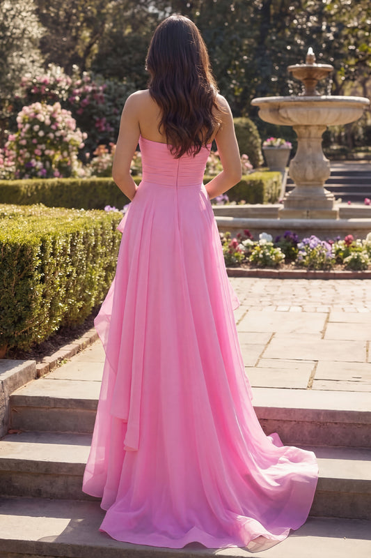 A Line Hot Pink Long Ruched Strapless Prom Dress with Ruffles