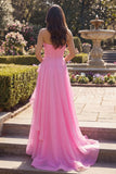 A Line Hot Pink Long Ruched Strapless Prom Dress with Ruffles