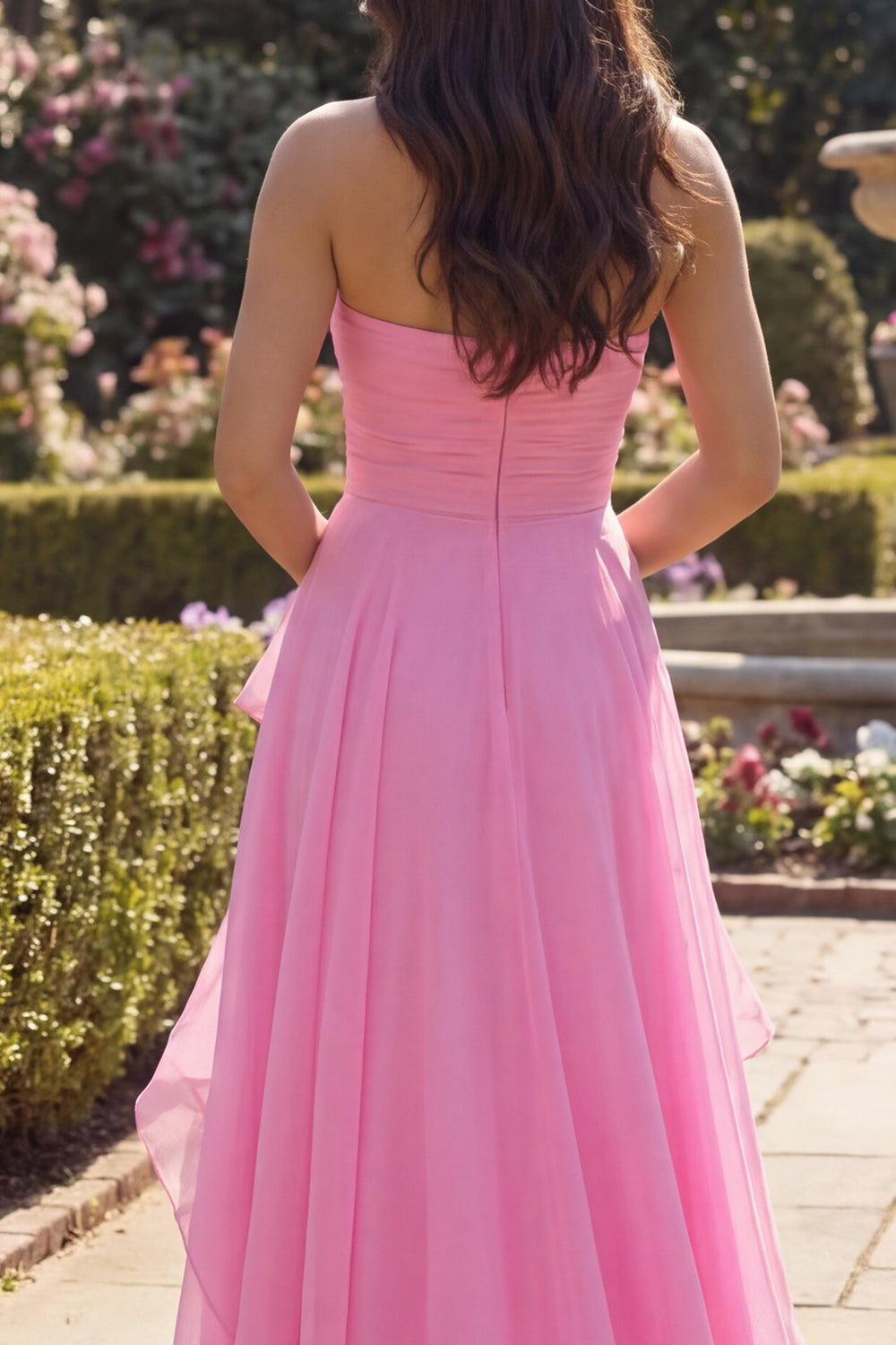 A Line Hot Pink Long Ruched Strapless Prom Dress with Ruffles
