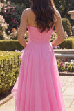 A Line Hot Pink Long Ruched Strapless Prom Dress with Ruffles