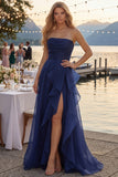 Navy A Line Long Ruched Strapless Prom Dress with Ruffles
