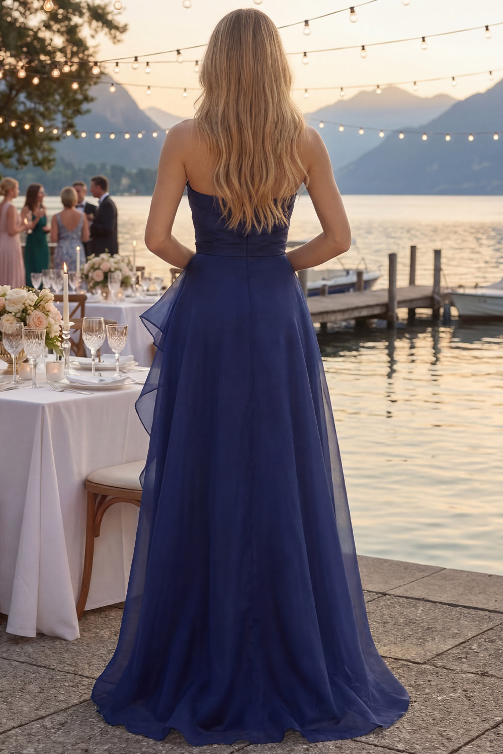 Navy A Line Long Ruched Strapless Prom Dress with Ruffles