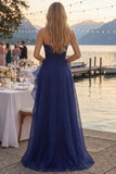 Navy A Line Long Ruched Strapless Prom Dress with Ruffles
