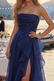 Navy A Line Long Ruched Strapless Prom Dress with Ruffles