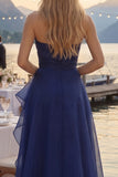 Navy A Line Long Ruched Strapless Prom Dress with Ruffles