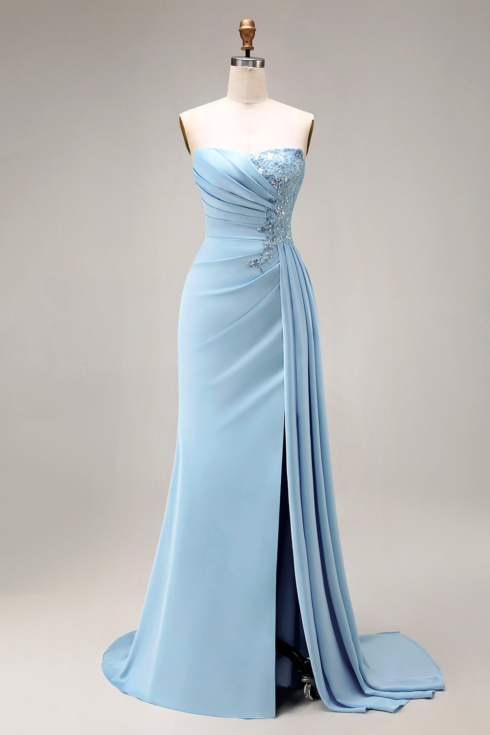 Blue Beaded Ruched Mermaid Long Prom Dress with Side Cape