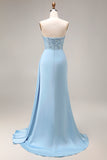 Blue Beaded Ruched Mermaid Long Prom Dress with Side Cape