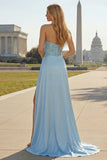 Blue Beaded Ruched Mermaid Long Prom Dress with Side Cape