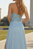Blue Beaded Ruched Mermaid Long Prom Dress with Side Cape