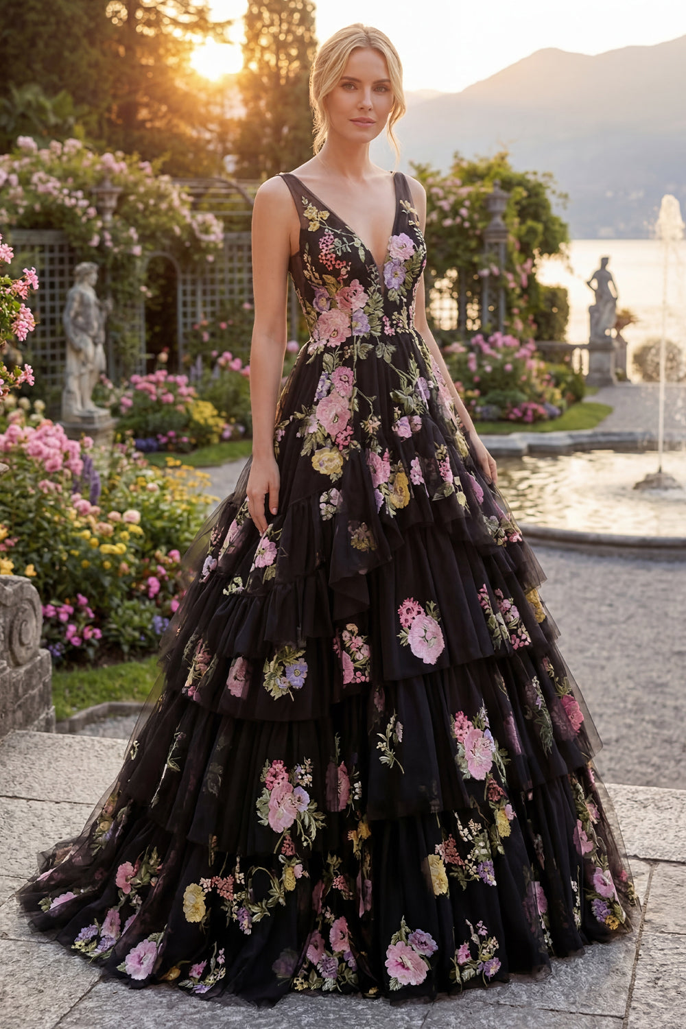 Zapakasa Women Black Pink Flower Long Prom Dress with Ruffles V-Neck