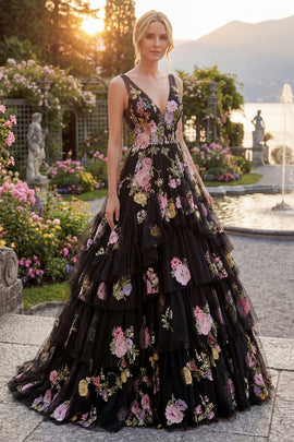 Black Pink Flower V-Neck Ball Gown Long Prom Dress with Ruffles