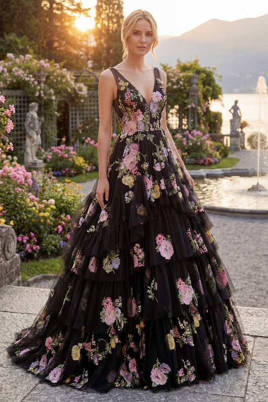 Black Pink Flower V-Neck Ball Gown Long Prom Dress with Ruffles