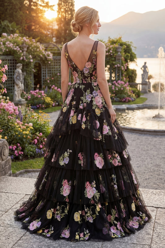 Black Pink Flower V-Neck Ball Gown Long Prom Dress with Ruffles