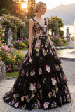 Black Pink Flower V-Neck Ball Gown Long Prom Dress with Ruffles