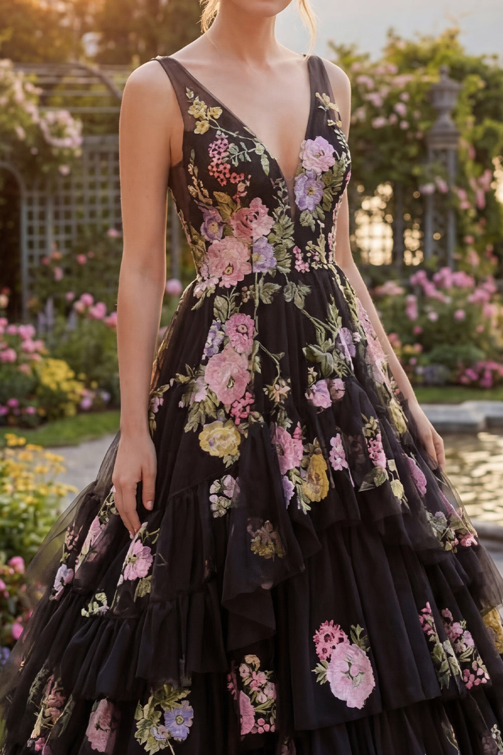 Black Pink Flower V-Neck Ball Gown Long Prom Dress with Ruffles