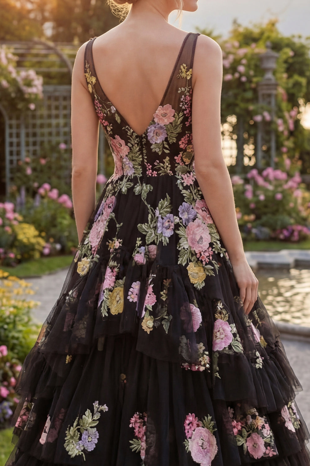 Black Pink Flower V-Neck Ball Gown Long Prom Dress with Ruffles
