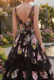 Black Pink Flower V-Neck Ball Gown Long Prom Dress with Ruffles