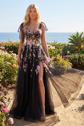 Long Corset A Line Black Pink Flower Bow Tie Prom Dress with Slit