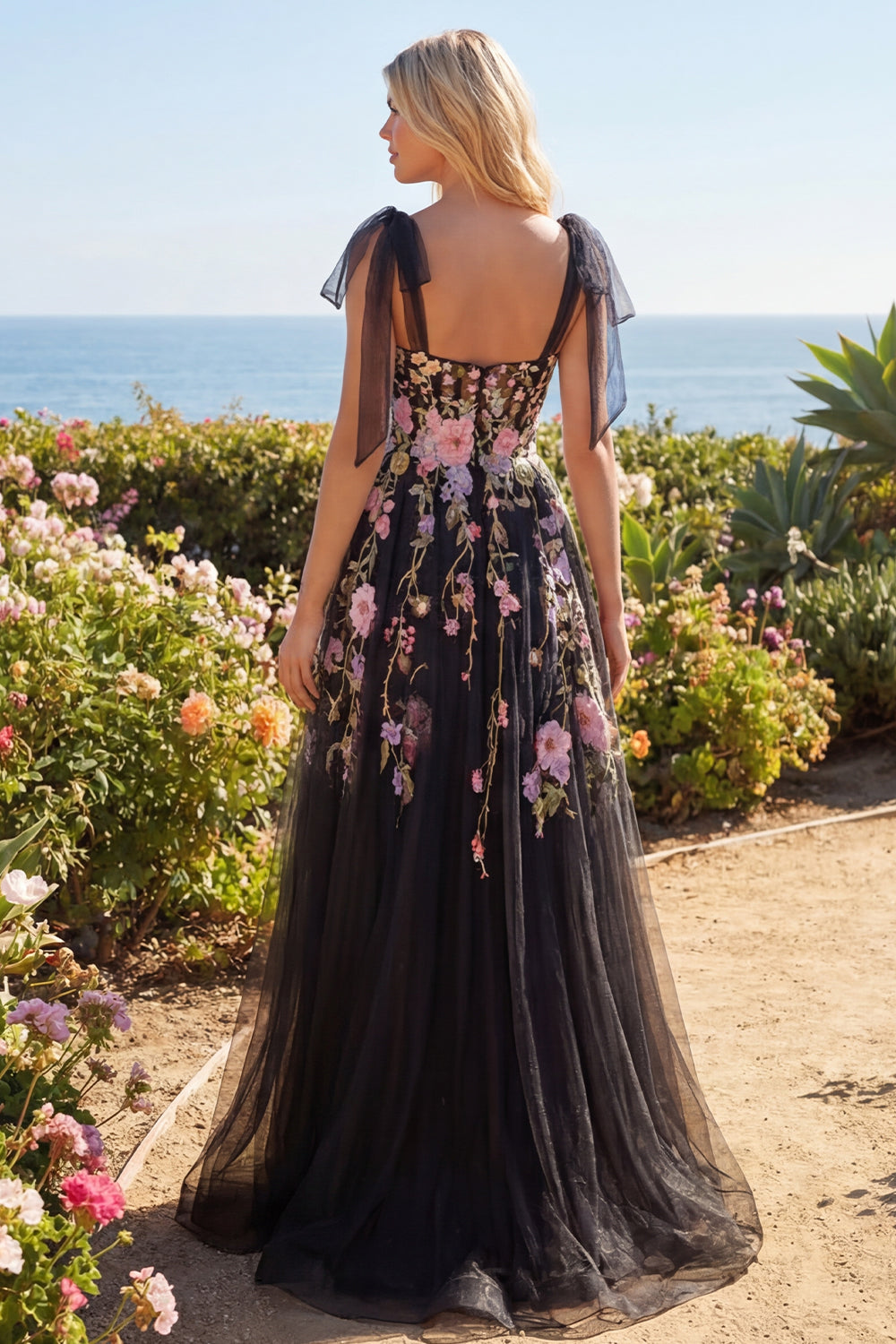 Long Corset A Line Black Pink Flower Bow Tie Prom Dress with Slit