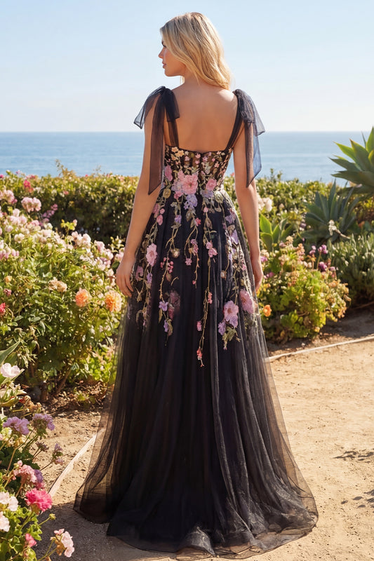 Long Corset A Line Black Pink Flower Bow Tie Prom Dress with Slit