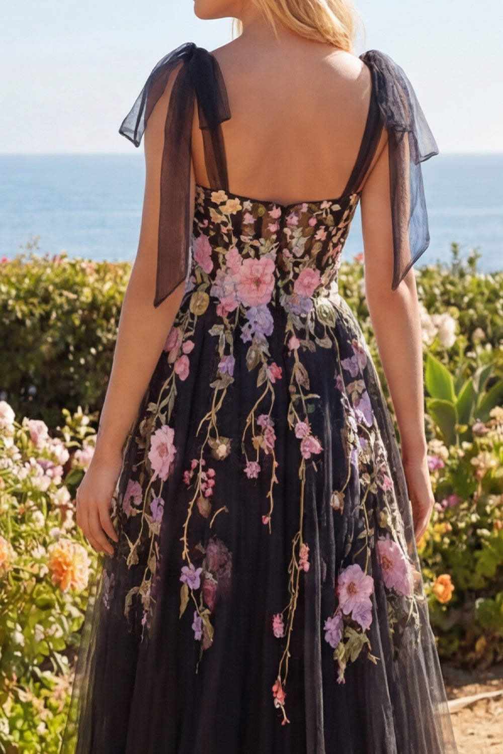 Long Corset A Line Black Pink Flower Bow Tie Prom Dress with Slit