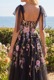Long Corset A Line Black Pink Flower Bow Tie Prom Dress with Slit
