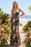 Mermaid Spaghetti Straps Black Pink Flower Long Prom Dress with Slit