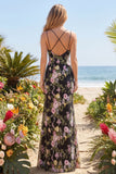 Mermaid Spaghetti Straps Black Pink Flower Long Prom Dress with Slit