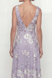 Long Floral Dusty Purple A Line Mother of the Bride Dress