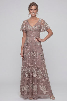 V-Neck A Line Long Dusty Rose Floral Mother of the Bride Dress with Sleeves