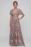 V-Neck A Line Long Dusty Rose Floral Mother of the Bride Dress with Sleeves