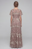 V-Neck A Line Long Dusty Rose Floral Mother of the Bride Dress with Sleeves