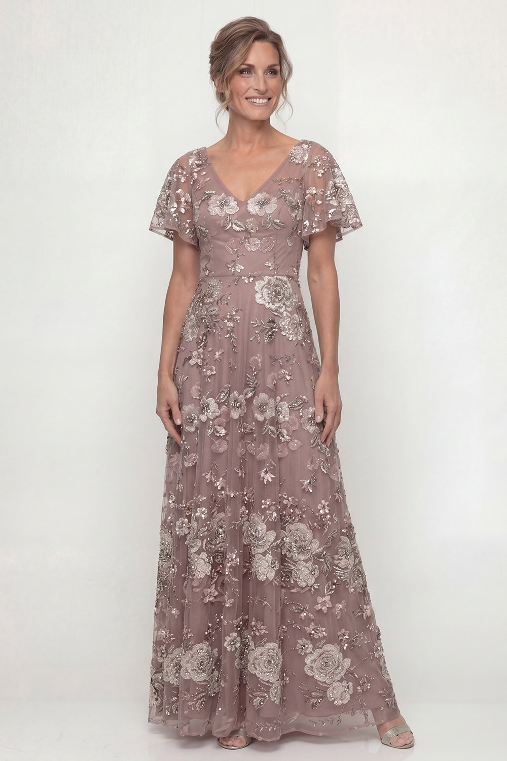 V-Neck A Line Long Dusty Rose Floral Mother of the Bride Dress with Sleeves